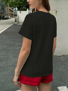 Women's Short Sleeve T-Shirt. Vintage Cherry Monogram,Women's Tops,Suitable For Outdoor Recreation,City Roaming,Hiking,Trekking,Beach Play,Party,Sports,Etc.Vintage Cherry Pattern,Outdoor Sports Pattern,Outdoor Sports Tops,Women's Short Sleeve T-Shirt,Spring And Summer Tops,Women's Tops - Black - View 3