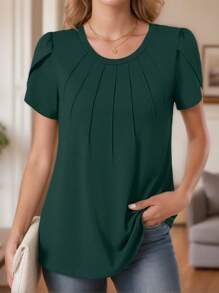 tooluck Women's Round Neck Petal Short Sleeve Pleated Top - Màu xanh lá cây đậm - Xem 5