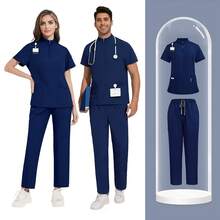 1Set Women Short Sleeve Zipper Mock Neck Scrub Uniform Set, Made Of Polyester Frosted Fabric, Loose Fit Nurse Uniform Suitable For Hospital Work - Navy Blue - View 8