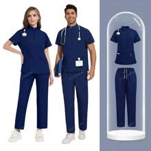 1 Conjunto Roupa de Mulher Manga Curta com Zíper Gola Alta, Uniforme de Serviço Feito de Tecido de Poliéster Fosco, Uniforme de Enfermagem de Ajuste Folgado Adequado para Trabalho Hospitalar