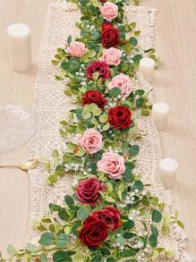 1pc 5.9FT Artificial Eucalyptus Vine Fake Rose Flowers Gypsophila Garland For Wedding Home Craft Art Table Runner Decor - 紅色 - 查看 2