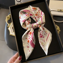 1pc Women Bandana Imitaion Silk Printed Square Scarf, Fashionable & Breathable Multifunctional Headband, Neckerchief, Ribbon Accessory - Cashew Khaki - View 1