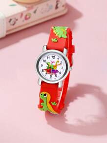 Reloj de cuarzo con correa de silicona con diseño de dinosaurio lindo y de dibujos animados para niños - Rojo - Ver 1