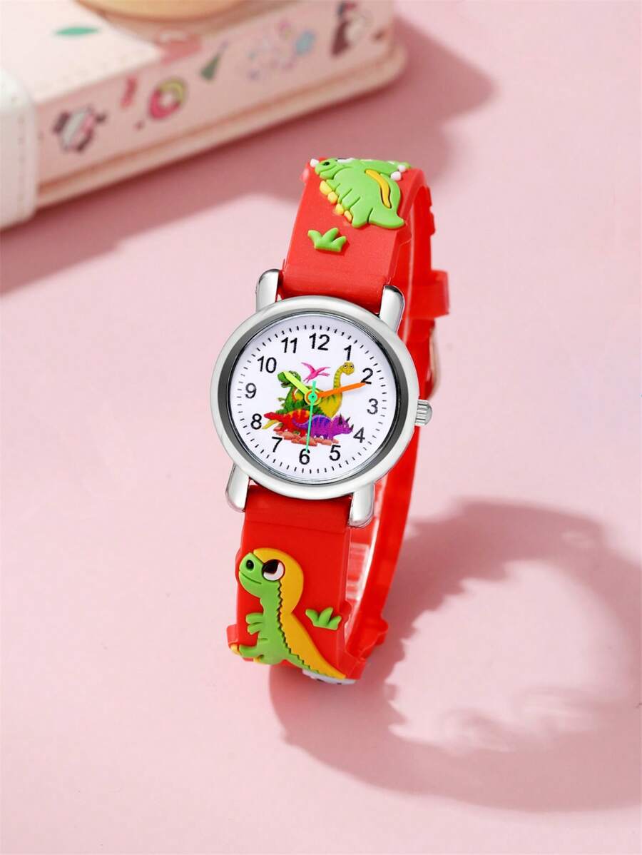 Reloj de cuarzo con correa de silicona con diseño de dinosaurio lindo y de dibujos animados para niños - Rojo - Ver 1