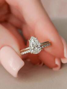 Set de 2 anillos de plata de ley 925 con corte de pera de 2 quilates, anillos elegantes de fiesta y apilables para damas, regalo de joyería preciosa para aniversario - Anillo en forma de pera - Ver 3