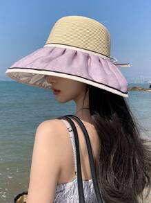 1pc Women's Spring/Summer New Plain Color Crystal Bow Splice Raffia Straw Hat, Fashion Versatile Lightweight Breathable Wind-Resistant Sun-Shading Hat For Outdoor Travel, Vacation, Sun Protection, Wide Brim, Suitable For Daily Use - Solid Color - View 6