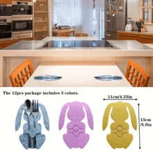 Lot de 12 pochettes à couverts en feutre de Pâques, sacs de rangement créatifs en forme de lapin mignon, décoration de table de fête, décoration d'ambiance de vacances, accessoire de salle à manger à la maison, décoration de table, convient pour la décoration de table de vacances, décoration de table de fête et célébration d'anniversaire, applicable pour restaurant, mariage, fête, rassemblement, anniversaire, Thanksgiving, fête des mères et autres fêtes de fin d'année, indispensable pour Pâques