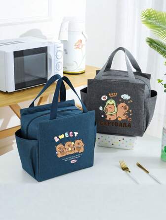 保温午餐盒袋、河马印花冷藏袋、便携式旅行野餐袋、办公室、学校、礼物用的保温午餐手提袋