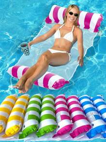 1 pieza Hamaca inflable a rayas, relajación, cama flotante con respaldo de malla, plegable, artículos esenciales de playa, juegos de natación, accesorios de playa, flotador de piscina