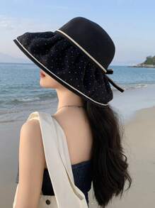 1pc Women's Spring/Summer New Plain Color Crystal Bow Splice Raffia Straw Hat, Fashion Versatile Lightweight Breathable Wind-Resistant Sun-Shading Hat For Outdoor Travel, Vacation, Sun Protection, Wide Brim, Suitable For Daily Use - Solid Color - View 4