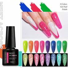 MEET ACROSS 8pcs 7ml Fluorescent Reflective Glitter Gel Nail Polish Set, Pink Blue Sparkle Glitter Neon Gel Polish For Summer, Semi Permanent UV LED Gel Nail Art Varnish All For Manicure Nail Art Salon Home - 彩色 - 查看 4