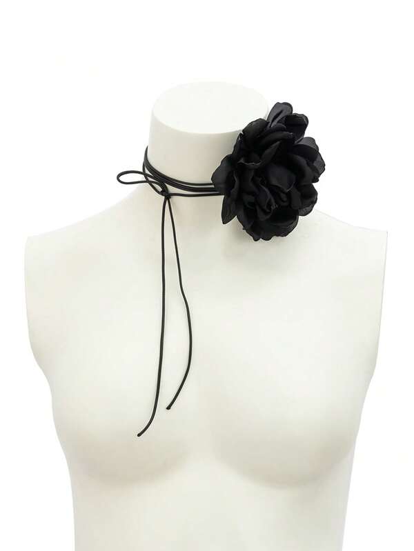 1pc Vintage French Retro Large Floral Choker Necklace With Tassel Tie-Up Neck Chain For Women