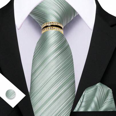 4pcs Men's Vintage Striped Red, Gray, Mint Green Necktie Set With Pocket Square And Cufflinks, Formal Wedding Event (Ring Random)