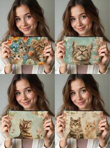 1 件彩色花卉猫抽象亚麻印花化妆包，可爱旅行化妆包和多用途零钱包，轻便女性必备礼物