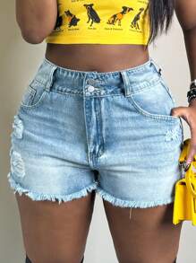 Women's Straight-Leg Denim Shorts Summer Casual Mid Waisted Frayed Raw Hem Ripped Denim Jean Shorts - 淺色水洗藍 - 查看 1