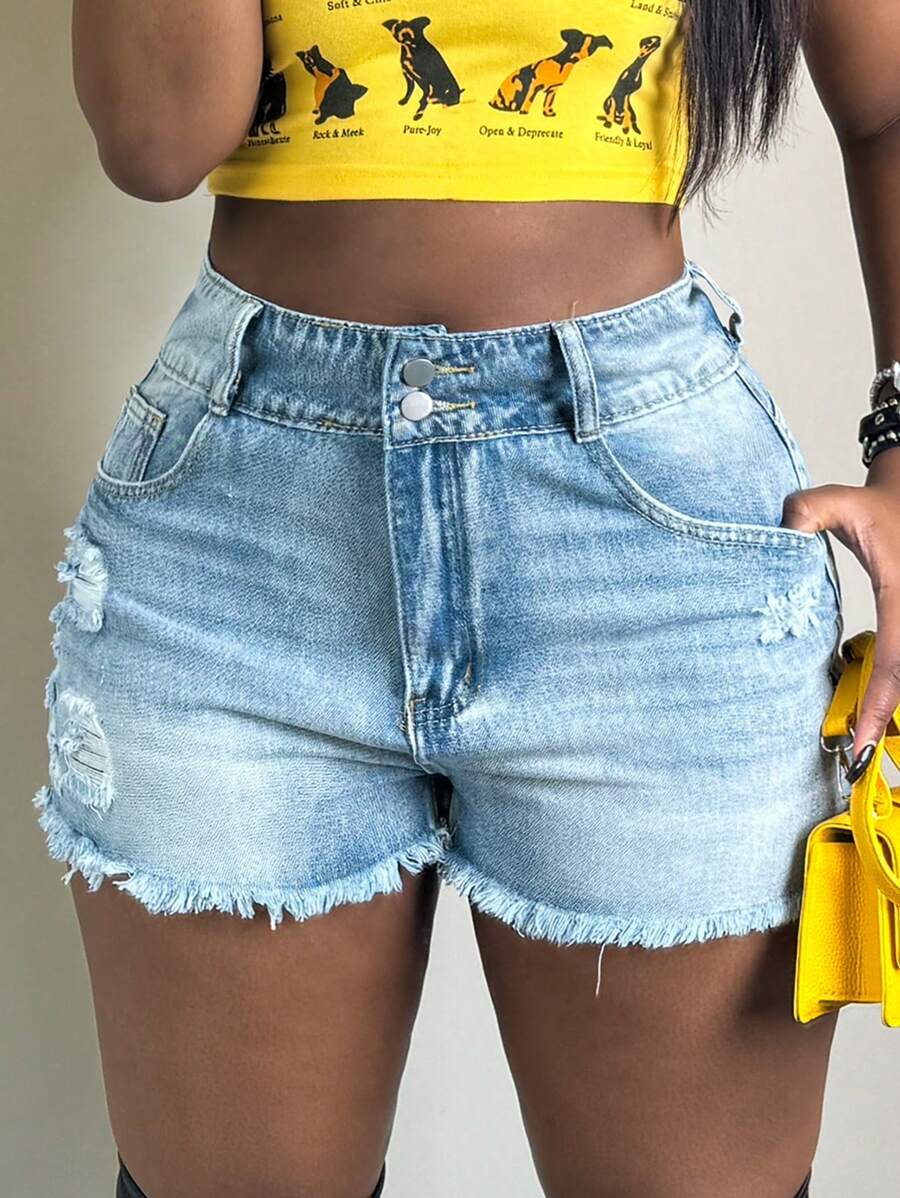Women's Straight-Leg Denim Shorts Summer Casual Mid Waisted Frayed Raw Hem Ripped Denim Jean Shorts - 淺色水洗藍 - 查看 1