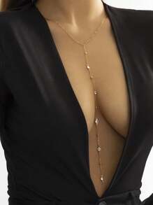 1pc Sexy Long Gold Tassel Necklace With Beaded Pendant{Random Beading}, Minimalist Single Layer Y-Shape Deep V Necklace With Rhinestone Decoration, Suitable For Women Party, Vacation, Beach, Dating, Gathering