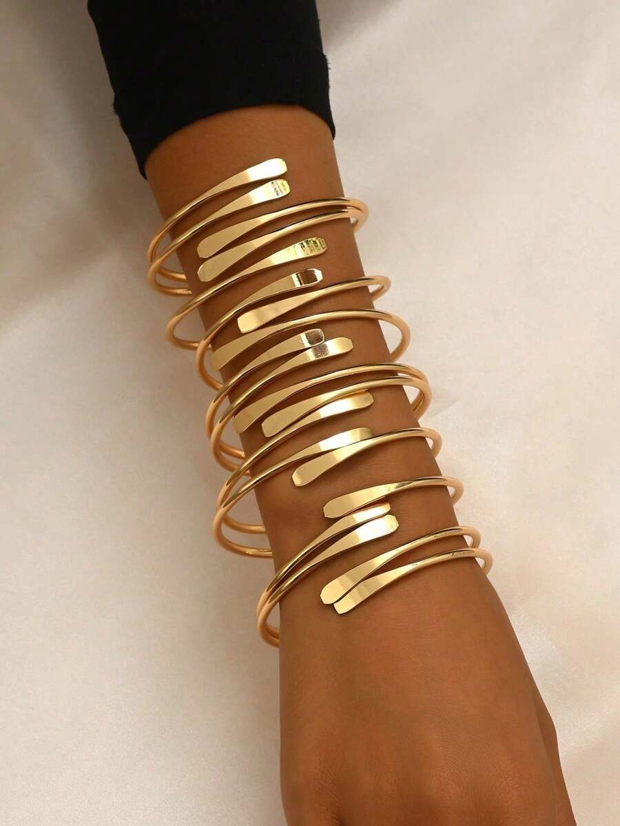 Bộ 10 chiếc/Bộ Vòng tay dạng lắc tay hình học không đối xứng trơn tròn mở thời trang, có thể điều chỉnh kích thước, có thể đeo riêng lẻ, đa năng cho hàng ngày, tiệc tùng, lễ hội, kỳ nghỉ ở bãi biển - Vàng - Xem 1