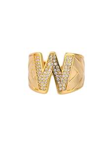 1pc Luxury Zirconia Initial Letter Rings For Women Stainless Steel Chunky Wide Open Finger Ring Hip Hop Fashion Jewelry Gifts