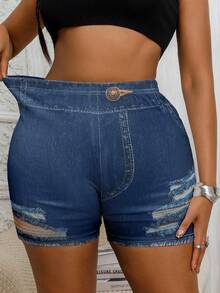 Plus Size High Stretch Skinny Distressed Denim Effect Casual Sports Shorts - Blue - View 5