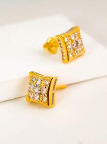 1 对金色方形纹理水钻微镶嵌镀层街头嘻哈耳钉，男女通用 - 金色 - 查看 5