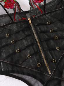 Sexy Lace Mesh Sheer Lingerie With Suspender, Seductive - Black - View 10