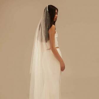 1 Long Bridal Veil With Faux Pearls And Comb For Cathedral Wedding Accessories Wedding Dress Matching Fall Clothes For Women