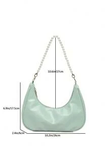 New Fashionable Solid Orange Handheld Bag With Faux Pearl Chain, Casual Crescent PU Underarm Shoulder Elegant Lady Bag, Spring/Summer