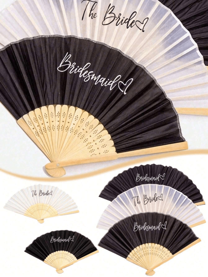 5pcs&1pc Silk Folding Fan, Black And White Fan For Bride And Bridesmaids, Bachelorette Party Wedding Bridal Shower Decoration, Bridesmaid Gift Wedding Decoration, Perfect For Wedding, Dance, Photography And Cheongsam Accessories - Elegant And Convenient Accessories For Any Occasion