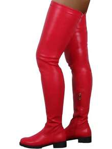 Knee High Boots Women Thigh High Over Knee Stretch Fashion Low Chunky Heel Round Toe Zipper Winter Boots Black Red US4.5-14halloween - Đỏ - Xem 4