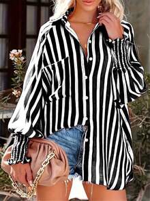 时尚条纹袖口蝙蝠袖衬衫，翻领宽松版型，涤纶休闲衬衫，简约百搭，日常穿着，四季皆宜，黑色春季款 - 黑色 - 查看 4