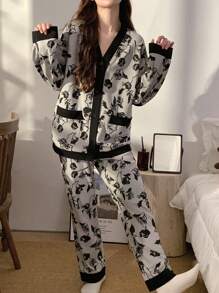 2pcs/Set Women V-Neck Pajamas, Long Sleeve Top & Pants Soft Homewear Sets, Spring & Autumn, Two Pieces Set, Fall Winter Clothes