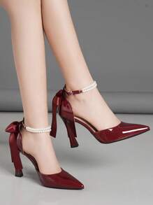 春季新款时尚蝴蝶结黑色和酒红色粗跟尖头高跟鞋，法式浅口百搭鞋，适合宴会、婚礼