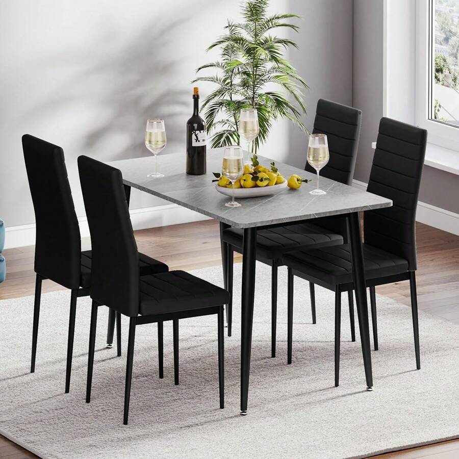 Dining Table And Chairs Set Of 4, 120CM Marble Effect Dining Table With 4 Faux Leather High Back Dining Chairs,Modern Dining Table Set For Home/Kitchen Office