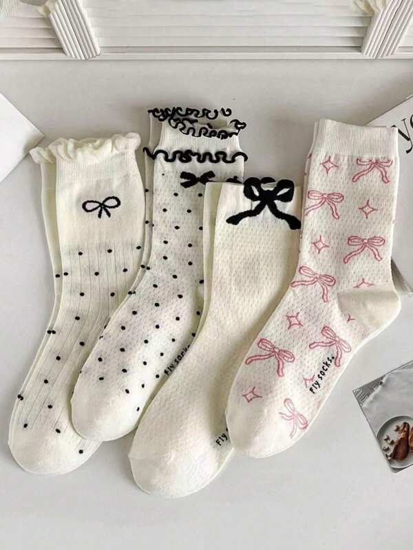 4 Pairs Random Women's Bowknot Design Socks, Breathable Mid-Calf Thin Casual Socks In Black & White, Versatile Ins Style, Spring/Summer