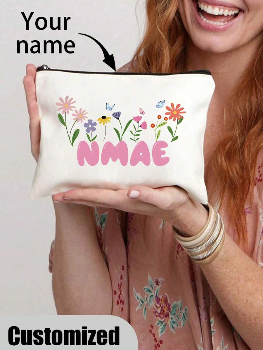 [Custom Made] Polyester Flower Design Cosmetic Bag For Women - Waterproof, Large Capacity, Personalized Name, Unscented, Portable Zip Makeup Pouch, Travel Essential, Gift For Flower Lovers - Exclusive Gift, Letter, Portable, Multifunction, Versatile, Lightweight, Large Capacity, All-Purpose, Practical, Customized, Ideal Gifts For Her, Women, Rookies & White-Collar Workers, Girlfriend, Pink Girls, Her, Friends, Children, Family, Travel Accessories - Beige - View 1