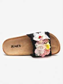 Women's Slippers With Fabric Flowers InOsosi- Footwear - Black - View 3