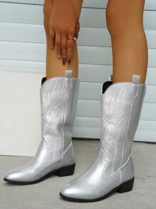 Ladies' New American Retro Embroidered Leather Pointed Western Boots, Personalized Fashion Silver Leather Cool Fashion High Boots, High-Heeled Thick-Heeled Knight Boots, Fashionable Punk Style Chelsea Boots