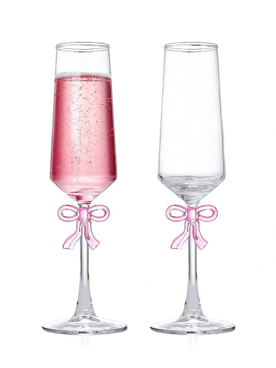8oz Champagne Glasses Set Of 2, Hand Blown Crystal Flutes With Reinforced Stems And Romantic Pink Bow For Weddings, Anniversaries, Special Days - 粉色 - 查看 1