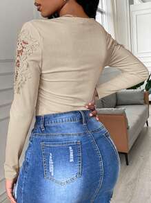 ChicMe Lace Panel Long Sleeve Tops Button Half V Neck Slim Fit Basic Casual Daily Wear - Apricot - View 2