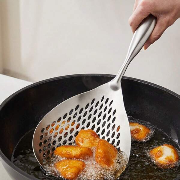 1pc Stainless Steel Colander Spoon Large Size Fry Food Spoon Kitchen Household Ladle Oil Frying Mesh Spoon One-Piece Molding Large Ladle For Pasta