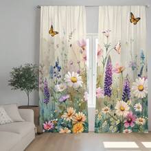 2 Pieces Of Garden Wind Butterfly Flower Home Decoration Curtains, HD Colorful Good-Looking Wildflower Patterns, 3D Digital Printing Natural Theme Curtains. Beautiful Idyllic Design, Fashion Art Shades To Protect Privacy Curtains, Romantic Spring Atmosphere, Living Room, Bedroom, Kitchen Study Lounge Area Balcony Curtains Decorated, Festive Event Scene Arrangement Decorated Curtains - 紅色 - 查看 2