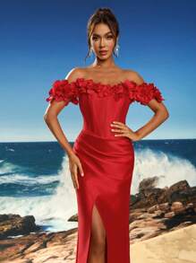 Toosun Elegant 3D Hand Floral Decor Formal Evening Gown Slim Fit And Fishtail Hem Design And High Slit Hem, Party Dress, Wedding Guest Dress, Evening Dress - Red - View 8