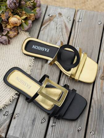 Nuevas sandalias planas para mujer, diseño de punta cuadrada, esquema de color de dopamina, correa geométrica, slip-on, ligeras y cómodas, para combinar, moda casual de primavera/verano para vacaciones, calle y playa