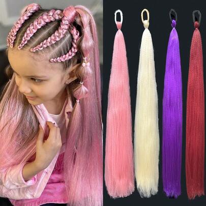 1 PIEZA Cabello de cola de caballo sintético para niños con banda elástica para el cabello, cabello lacio Yaki largo, extensión de cabello para fiesta y uso diario