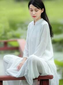 LUCIDVUE 2pcs Set Women Improved Chinese Cheongsam Dress & Wide Leg Pants Suit, Linen Fabric, Zen Style Tea Service, Spring/Summer - White - View 11