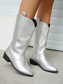 Ladies' New American Retro Embroidered Leather Pointed Western Boots, Personalized Fashion Silver Leather Cool Fashion High Boots, High-Heeled Thick-Heeled Knight Boots, Fashionable Punk Style Chelsea Boots