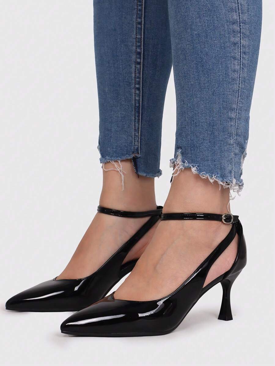 Medium Heel Pumps In Shiny P.U Heel 7cm Stylish High Heels - Black - View 1