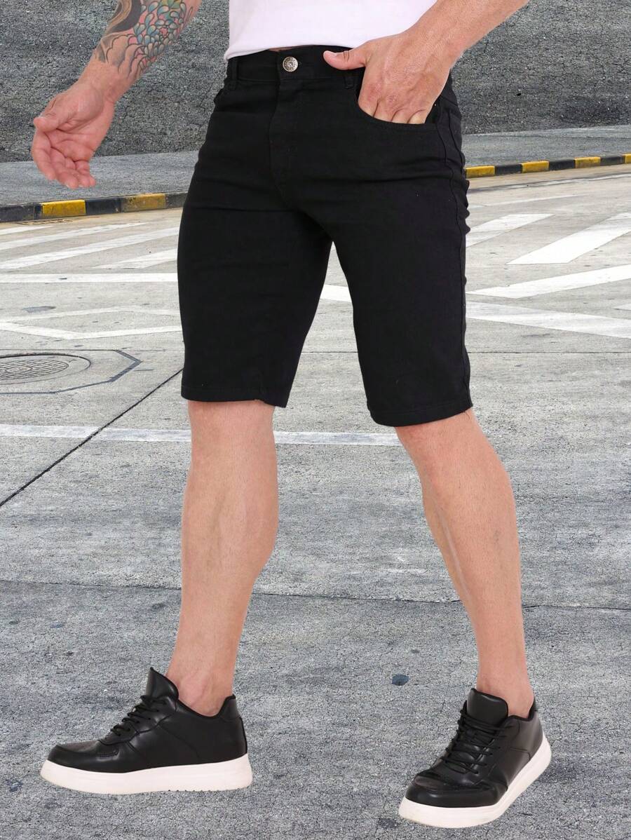 Bermuda Jeans Shorts Color Dark Black Medium Light Men's High Quality With Elastane Sport Factory Store - 黑色 - 查看 1