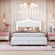 Creahappy Lit rembourré - double - avec éclairage LED - 2 tiroirs et tête de lit réglable - Cadre de lit avec lattes en bois - Convient aux lits adultes et adolescents - Blanc - 140x200 cm